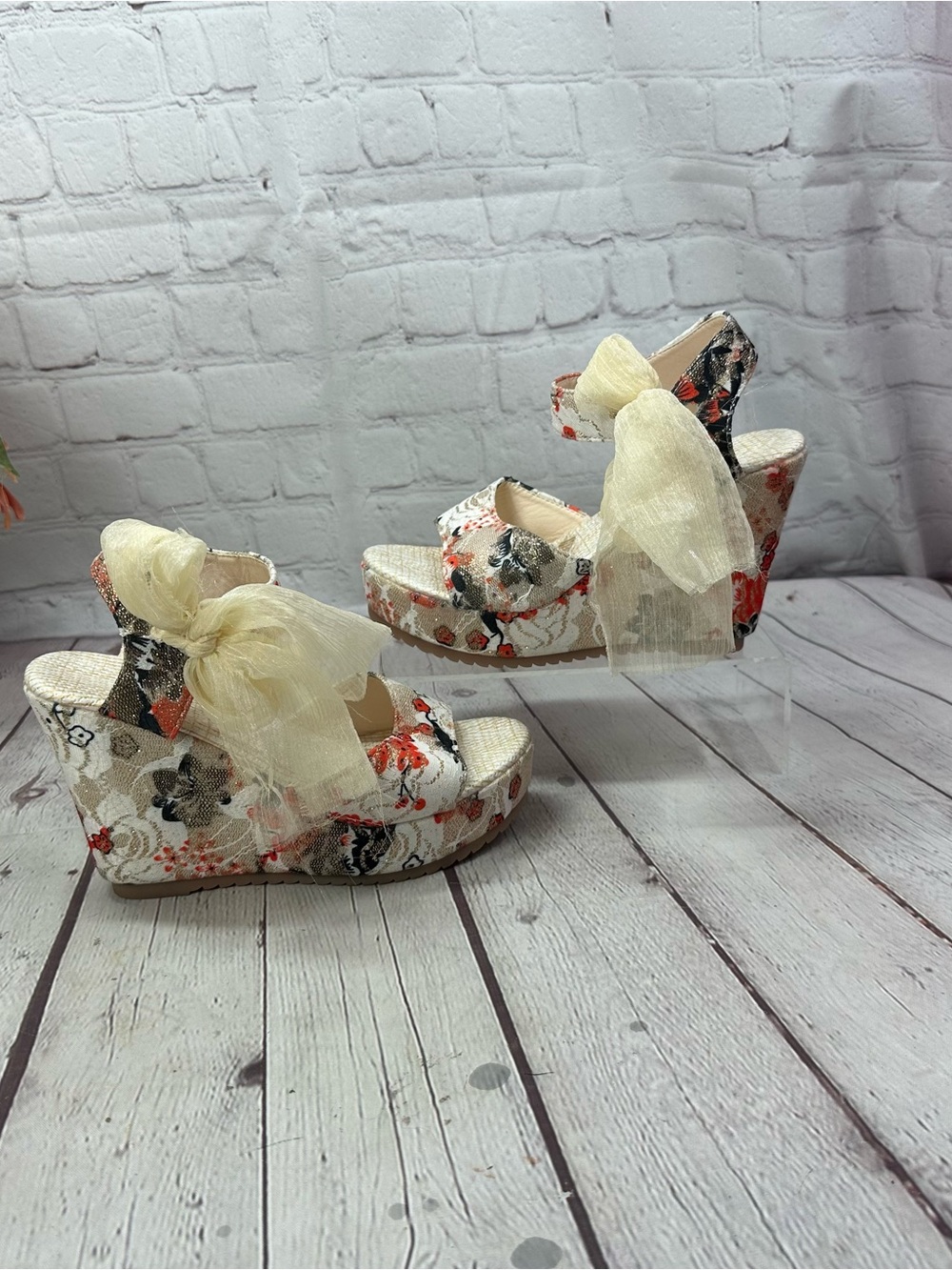 Floral Lace Platform Wedge Sandals with Cream Bow